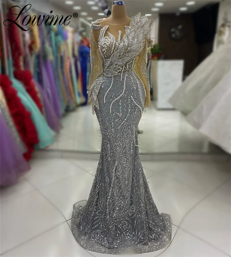 

Вечерние платья с серебряными бусинами для торжественных случаев, вечерние платья с длинным рукавом, прозрачная горловина, юбка-годе, блестящее платье с жемчугом