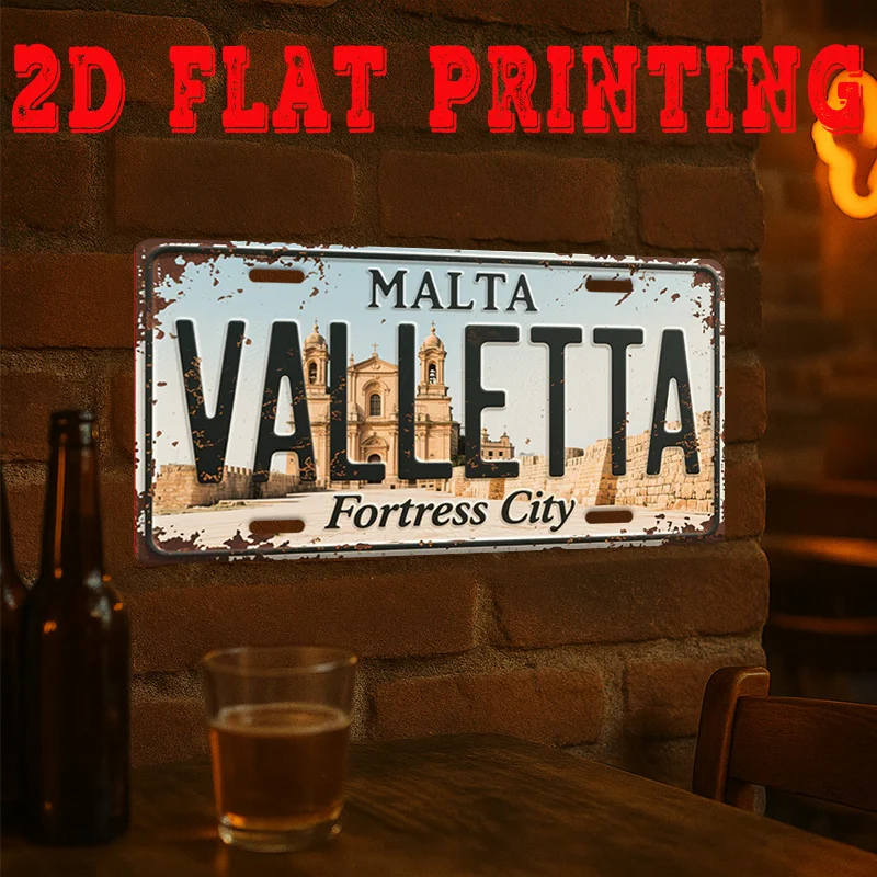 2D Flat, Vintage Valletta City Metal Sign - Retro Malta Fortress Wall Art Suitable for Cafe Decor, Maltese Landmark Decor