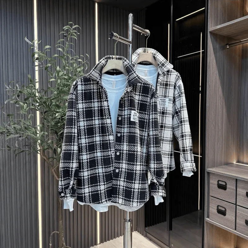 Retro American Large Plaid Long Sleeve Men's Jacket Outerwear Black White Grid Shirt Casual Style Autumn New High Sensation