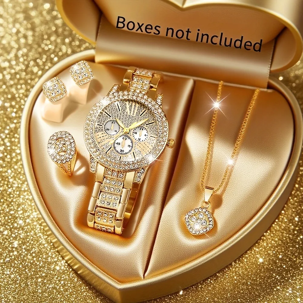 5pcs Stylish and Elegant Women'S Watch Jewelry Set, Exquisite Round Dial, Perfect for Everyday Wear or Special Occasions