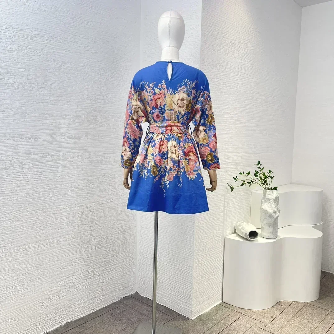 Top Quality Linen New Arrivals One Button At Back Neck Self-tie Belt Blue Floral Print Long Sleeve Women Loose Mini Dress