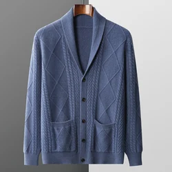 100% Wool Coat Men's V-Neck Twisted Cardigan Autumn and Winter Thickened Cashmere Knitted Jacket Tops