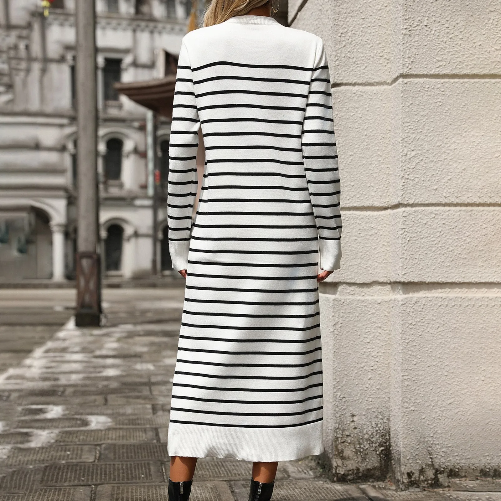 Robe longue rayée à col en V pour femmes, manches longues, coupe couvertes, style français, décontracté, automne, hiver