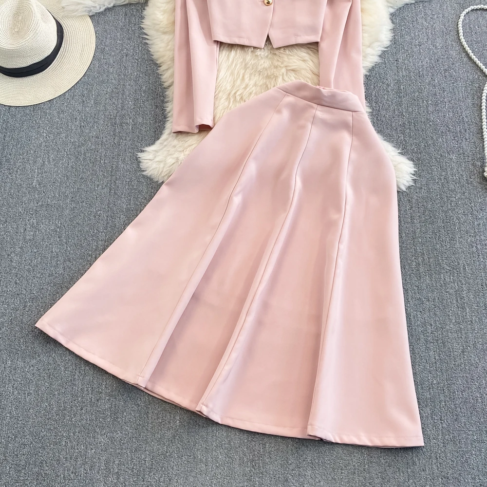 Small Fragrant Two Piece Skirt Women Bubble Long Sleeved Jacket Single breasted Coat Set of Two High Waist Slim A-line Skirt