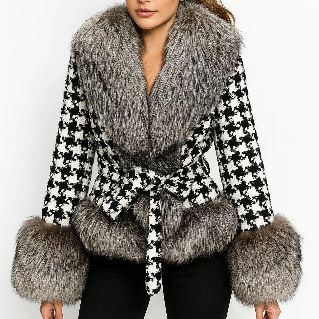 

100% wool short jacket with big sliver fox fur collar cuffs and Hem foe winter checkerboard pattern
