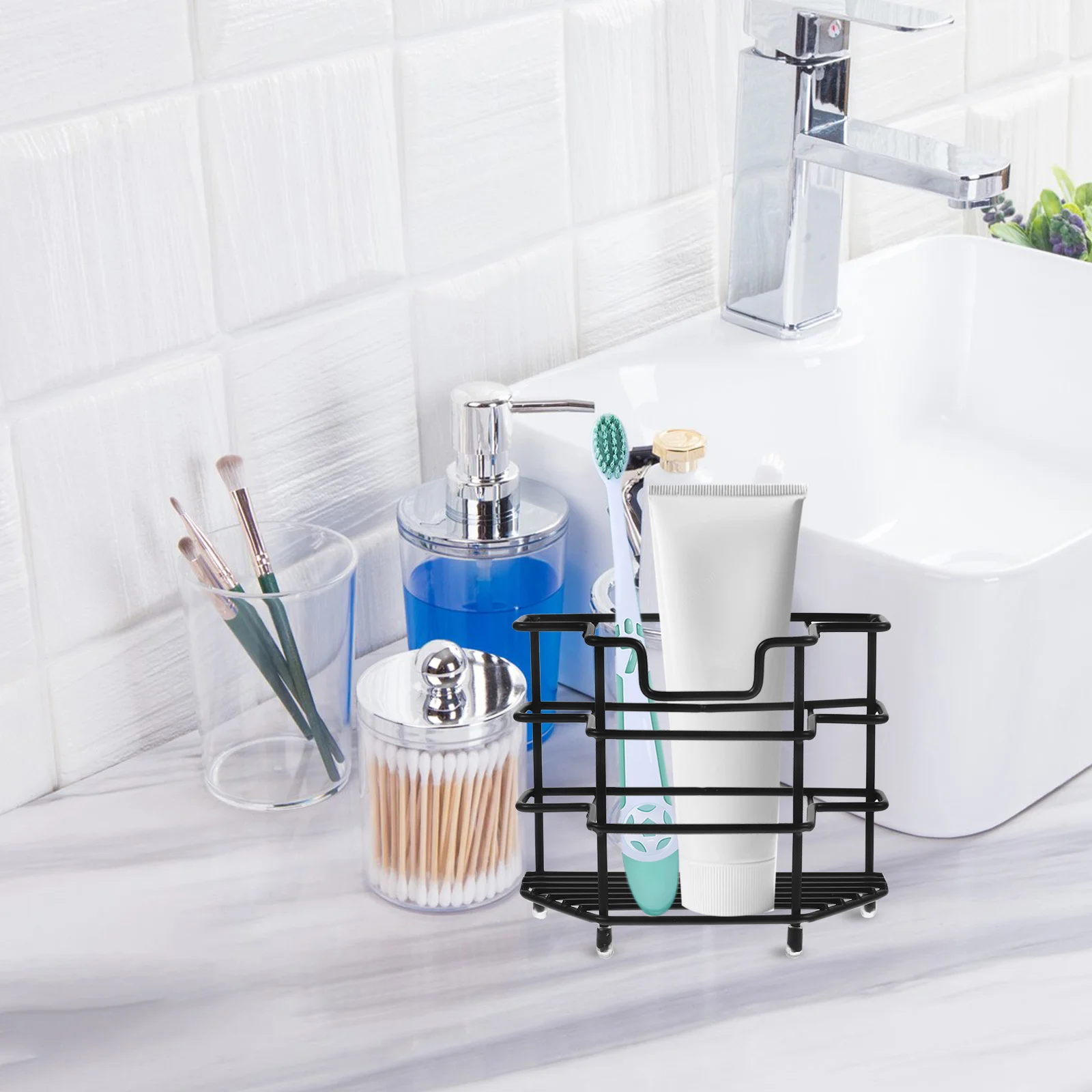 

Bathroom Toothbrush Holder Stainless Steel Makeup Brush Stand Toothpaste Storage Rack Desktop Organizer Multi-Functional