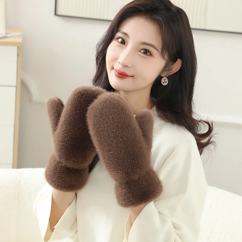 Nachahmung Kaninchen Fell Handschuhe Frauen Winter Handschuhe Winddicht Plüsch Dicke Warme Plus Kaschmir Handschuhe Weiche Volle Finger Fäustlinge Handschuhe – Detail 4