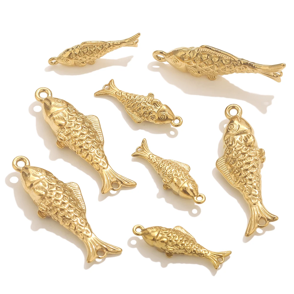 

5pcs Stainless Steel Double Hole Fish Connection For Bracelets Necklace Gold Charms DIY 3D Fish Pendants Jewelry Connector Parts