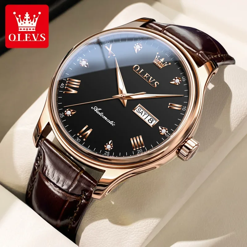 

OLEVS 9932 Men's Watches Leather Strap Roman Numeral Scale Dual Calendar Business Man Watch Luxury Mechanical Wristwatch