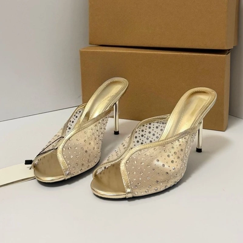 Gold Rhinestone Mesh High Heel Summer Mules Open Toe Slip‑On Stiletto Women Sandals Luxury Party Dress Shoes Thin Heel Slide