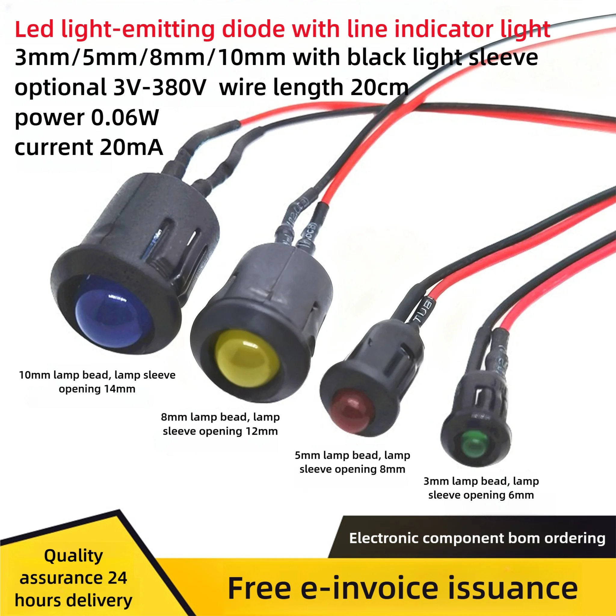 F3mm5/8/10mmled redondo emissora luz talão com fio e preto manga longa lâmpada luz indicadora de sinal 3v220v