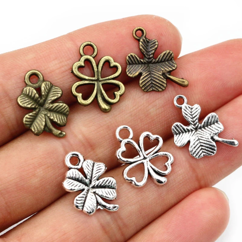 40pcs Bronze Antique Silver Plated Cute Clover Leaf Handmade Charms Pendant DIY Jewelry Making Accessories for bracelet necklace