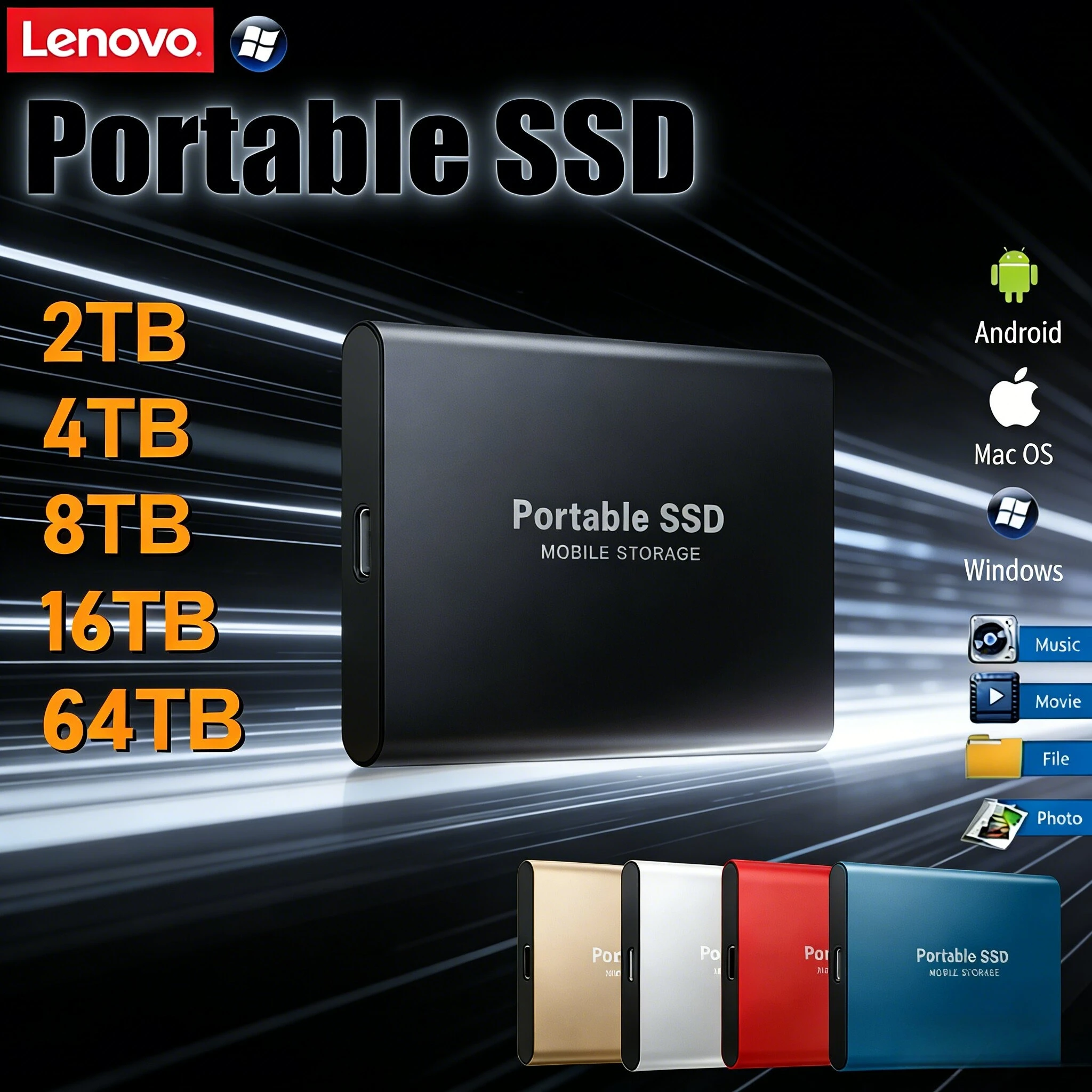 

Lenovo Portable SSD USB 3.0 High Speed External Hard Drive 256TB 4TB 2TB Solid State Drive For Laptop PC Backup Storage