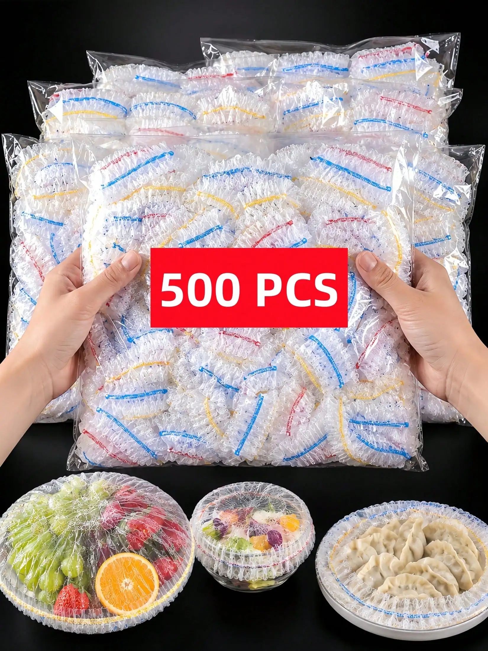 500 Pcs Disposable Food Covers, Colorful Stretchy Plastic Wrap with Elastic Edge for Bowls, Fresh Food Covers for Fruits, Multi-Functional Shrink Packaging Bags for Shower Head Shoe Covers