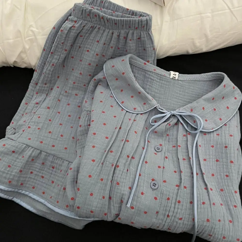 Fashion Dot Sweet Pajamas Set O Neck Lace Ruffle Short Sleeve Nightwear Loose Home Wear Suit 2 Pieces Sleepwear Indoor