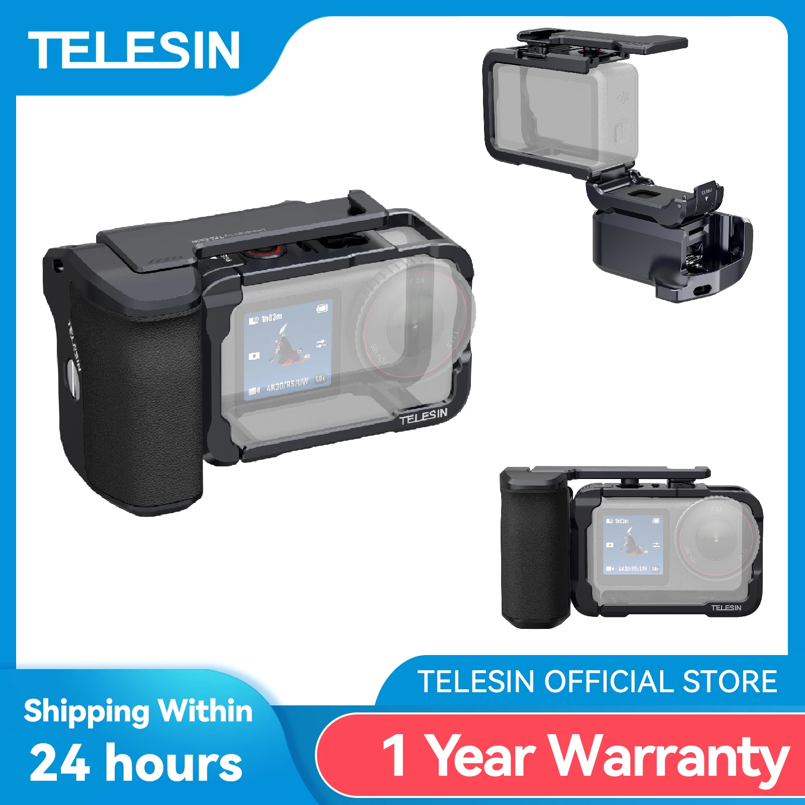 TELESIN – Kit de télécommande d'aide à la poignée, ensemble en alliage d'aluminium pour Cage de lapin DJI OSMO Action6, étui de protection à dégagement rapide