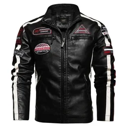 Chaqueta de cuero PU para hombre, traje de carreras de motocicleta, bloque de Color, Patchwork, chaqueta de cuero de terciopelo, talla grande, 4XL, Otoño e Invierno