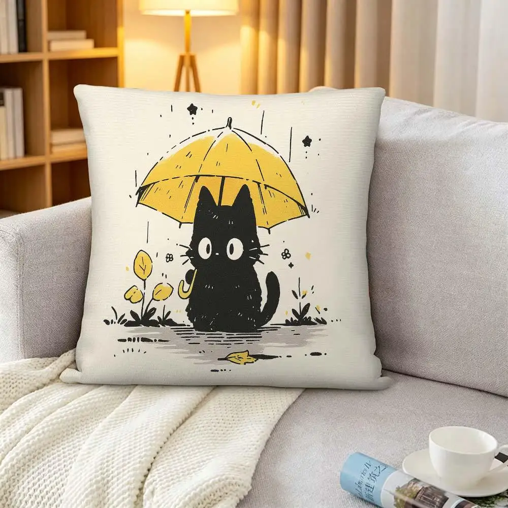 Cute Black Cat Pillowcase, Yellow Umbrella Print Cushion Cover, Rainy Day Kawaii Decor, Cartoon Animal Art Throw Pillow, Home