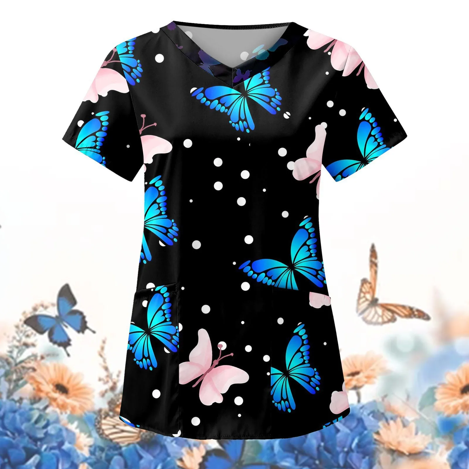 European and American women's nursing uniform V-neck short sleeved versatile protective work uniform butterfly pattern 3D print