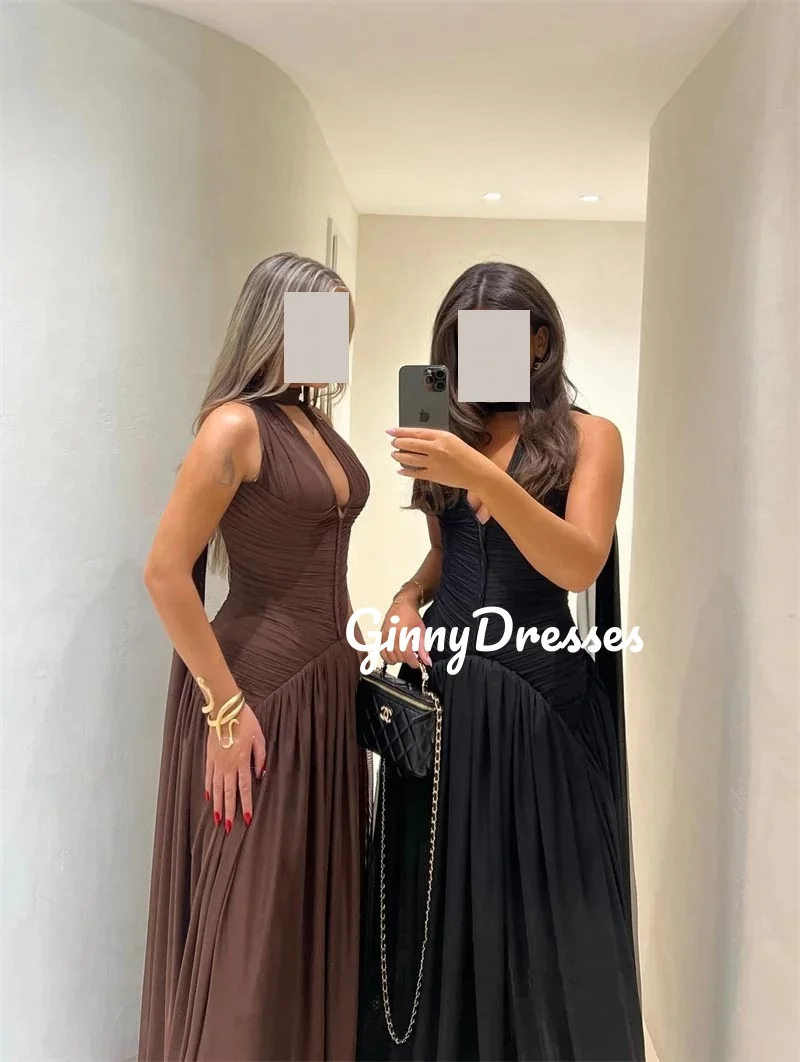 Gaun Malam Mewah Model A-Line Kerah V Dalam Berdetail Ruffle Hitam, Panjang Menyentuh Lantai Tanpa Lengan dengan Ritsleting, Vestidos De Festa 2025