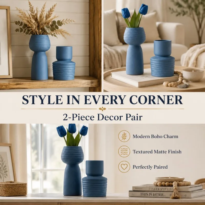 2Pcs Rough Wavy Textured Blue Vase Set Matte PLA Stone Grain Vase Nordic Wabi Sabi Decor For Entryway Table Dried Flowers Pampas