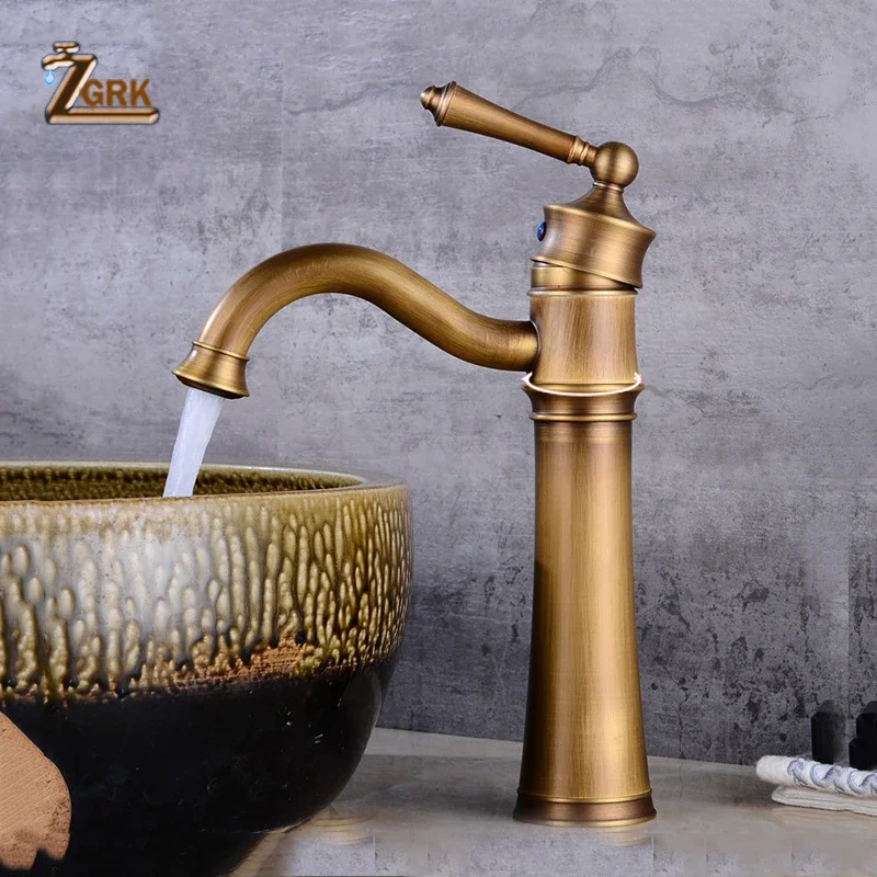 ZGRK Basin Faucets Antique Brass Sink Faucet Single Handle Vintage Deck Mount Torneiras Hot Cold Water Bath Mixer Water Tap