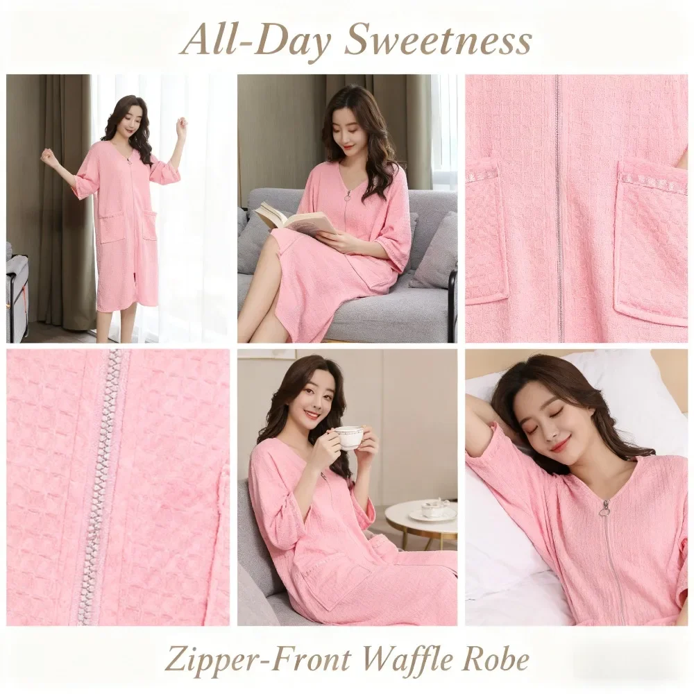 

UnisexZipper Nightgown Thin Breathable Fabric Loungewear Position Loose Fit Suitable for Couples&Individuals for Home Relaxation