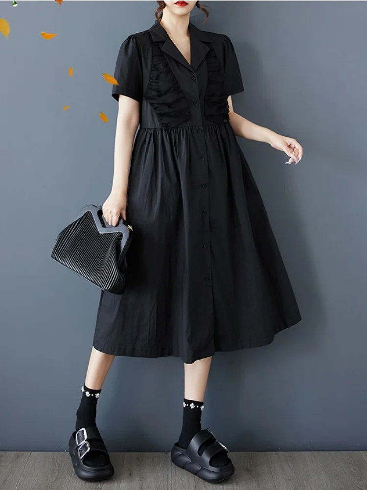 Novo verão solto malha emenda vestido casual feminino simples doce manga curta lapela camisa vestidos