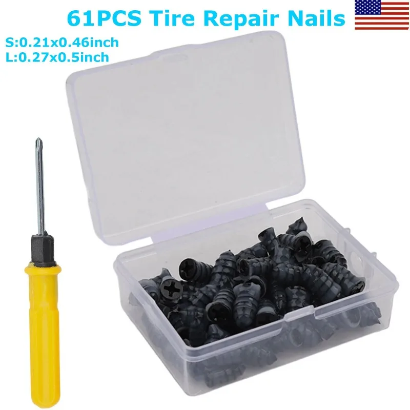 61x Car Tubeless Vacuum Tyre Puncture Repair Kit Screw Nails Tire Patch Plug Fix Tools With Screwdriver & Convenient Storage Box