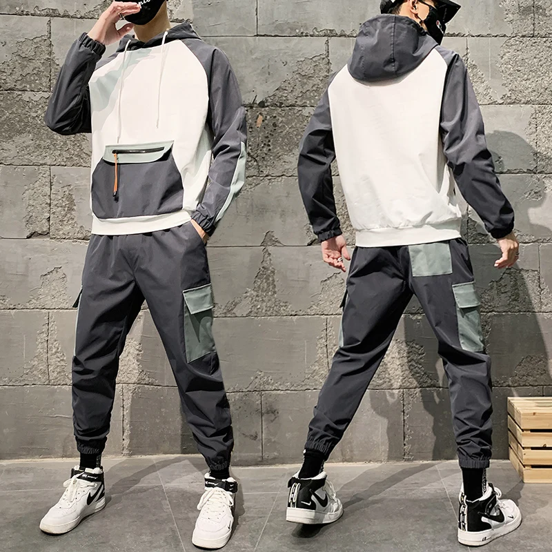 Streetwear Hip Hop 2 Pieces Set Mens Tracksuit Casual Pockets Suits Loose Hooded Sweatshirts Men Jacket+Pants Sets Mens Clothing