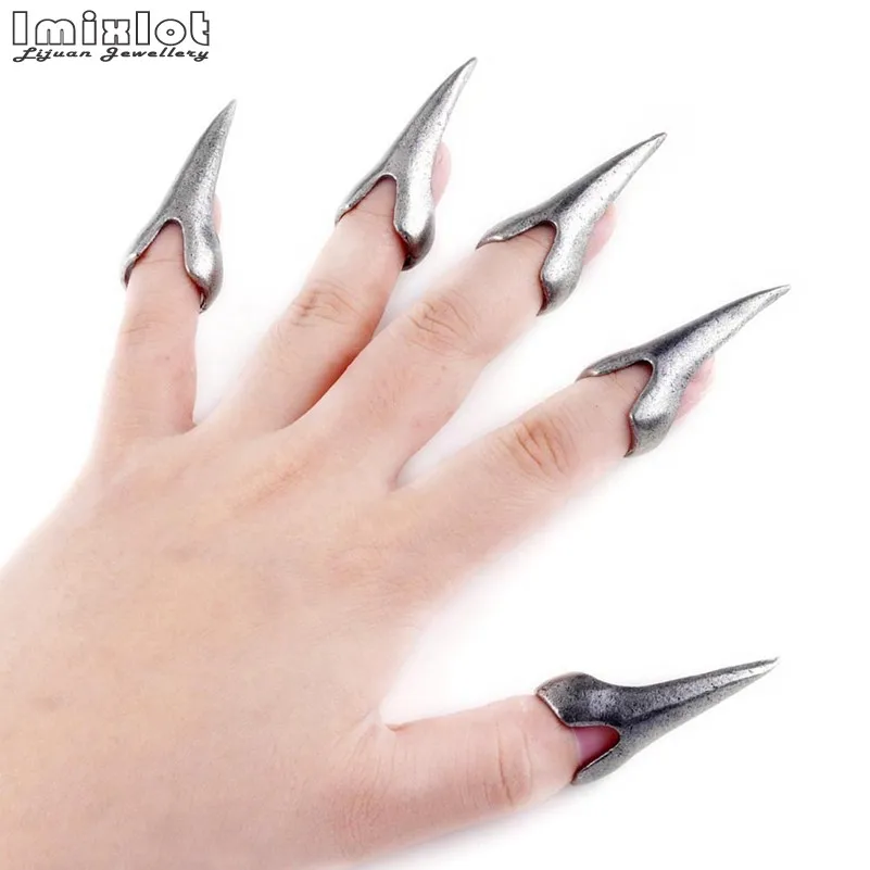 5Pcs/Lot Vintage Gothic Punk Talon Nail Finger Claw Spike Rings Jewelry Antique Silver Plated Halloween Party Cosplay Gift