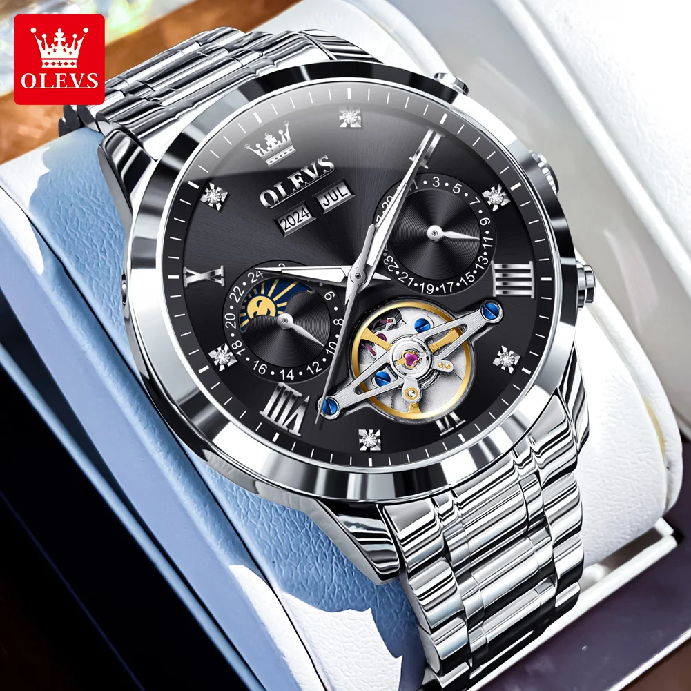 

OLEVS Men Watches Luxury Business Fine Steel Automatic Mechanical Wristwatch Self-winding Flywheel Movement Moon Phase Calendar