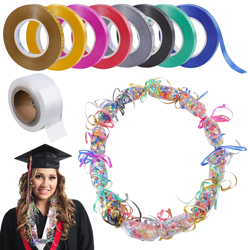 Clear Poly Tubing Graduation Lei Making Kit 2.2 Inch x 328 ft Graduation DIY Lei Bags with 16 Rolls Multicolor Ribbon DIY Leis