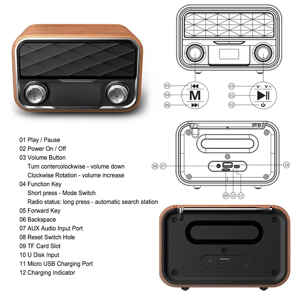 Imagem -03 - Caixa de Som Estéreo ao ar Livre de Madeira Bluetooth 5.0 Speaker Bass Sound Box Vintage Soundbar Suporte Rádio fm u Disk