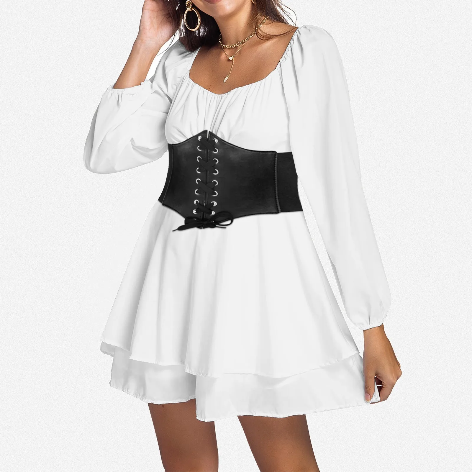 

Women'S White Ruffled Dress With Girdle Square Collar Knee Length Cocktail Off Shoulder Pleated Evening Formal Y2k Dress Vestido