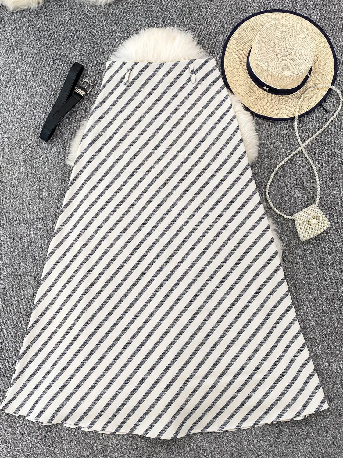 Falda Midi Nea a Rayas para Mujer, Verano 2025, Nueva, Cintura Alta, Corte en A, con Cinturón, Estilo Coreano, para el Trab...