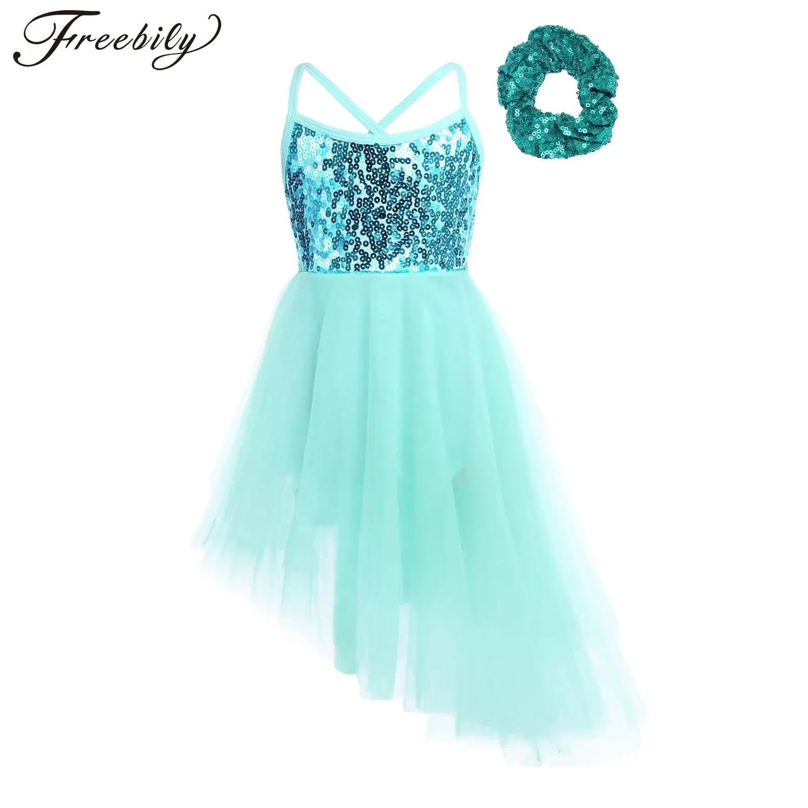 

Kids Girls Ballet Dress Lyrical Dance Gymnastics Skating Performance Costume Sleeveless Sequin Tulle Leotard Tutu with Hair Band