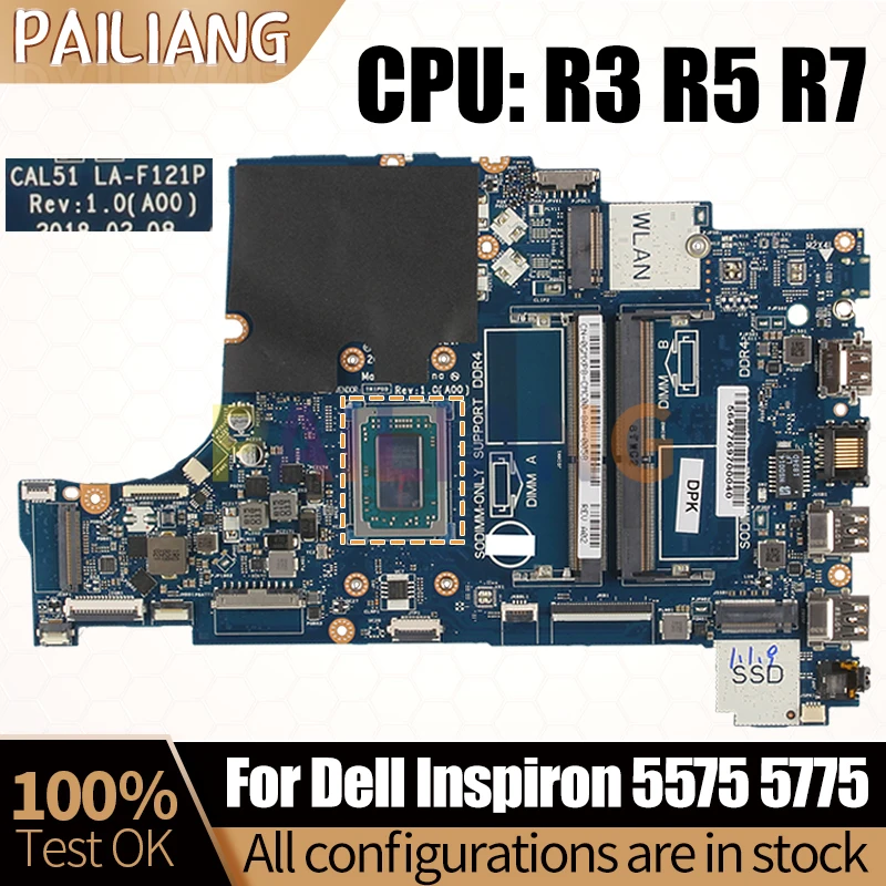 LA-F121P For DELL Inspiron 5575 5775 3585 Notebook Mainboard 0GMXP8 0525HD R3 YM2200 R5 YM2500 Laptop Motherboard Full Tested