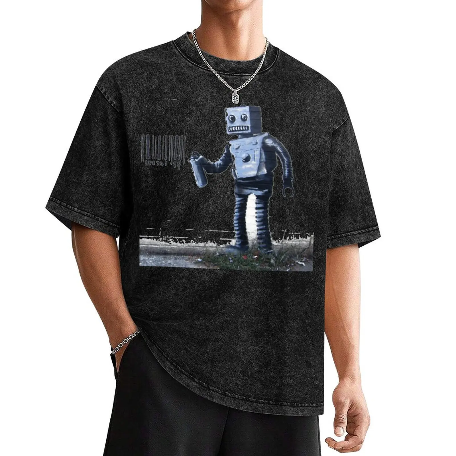 

Banksy Robot Graffiti Street Art T-Shirt sweat oversized t shirt summer 2025 tops Men's t shirts