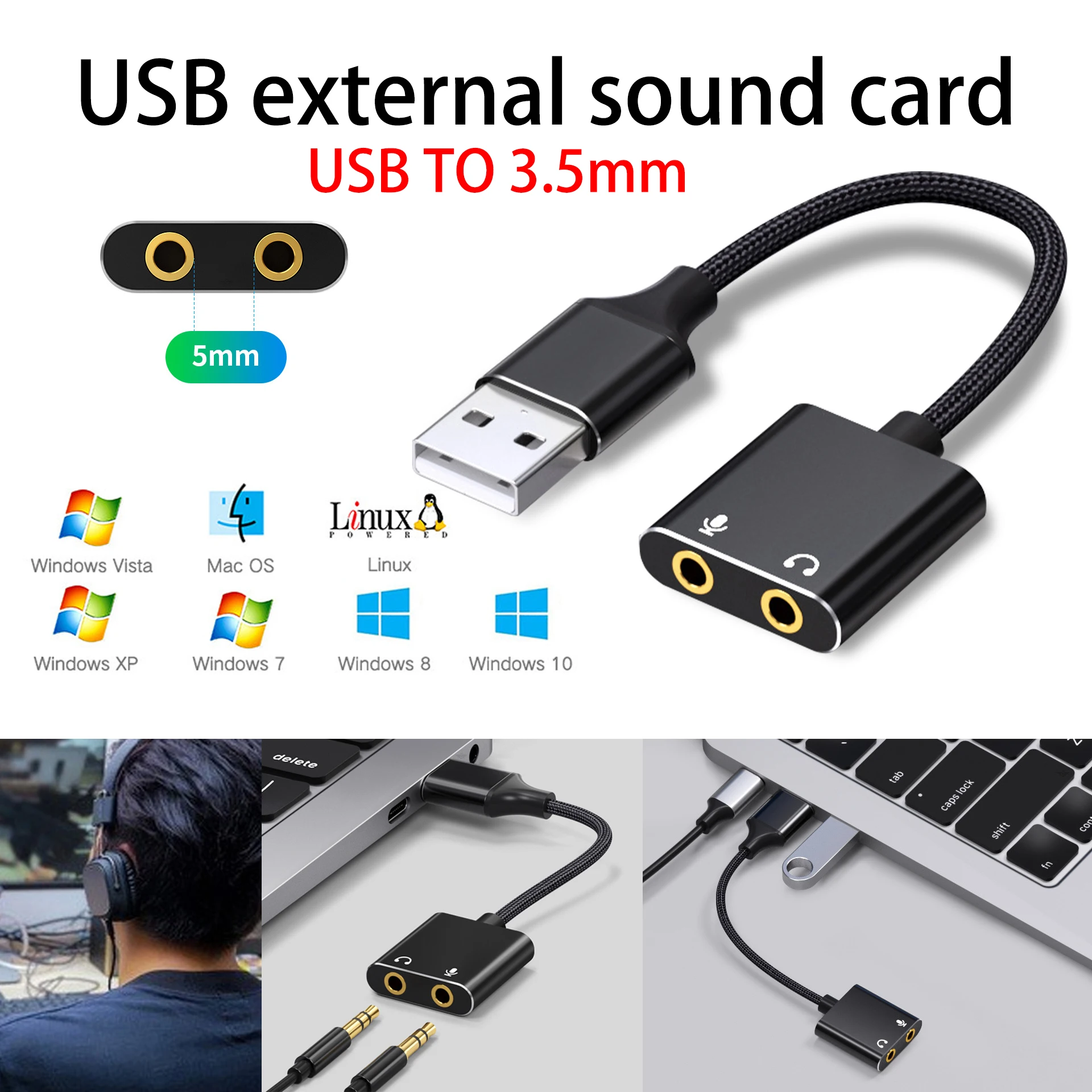 

USB Audio Adapter with Mic/Headphone Port - Fix Broken Sound Card, Noise Reduction, Alloy Case for Desktop/PS4