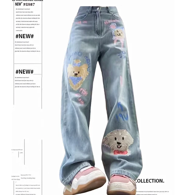 Korean Cute Puppy Cartoon Blue Jeans for Girls Vintage Baggy High Waist Denim Trousers Harajuku Y2k Pants Autumn Winter Clothes AliExpress