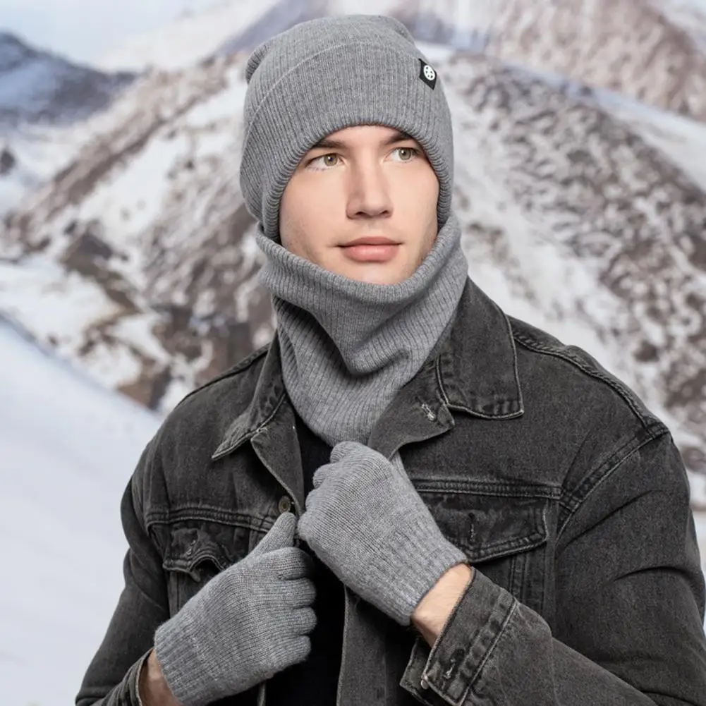 Gorro de invierno ultragrueso a prueba de viento, conjunto de guantes, bufanda, calentador de cuello de punto elástico suave, clima de Color sólido