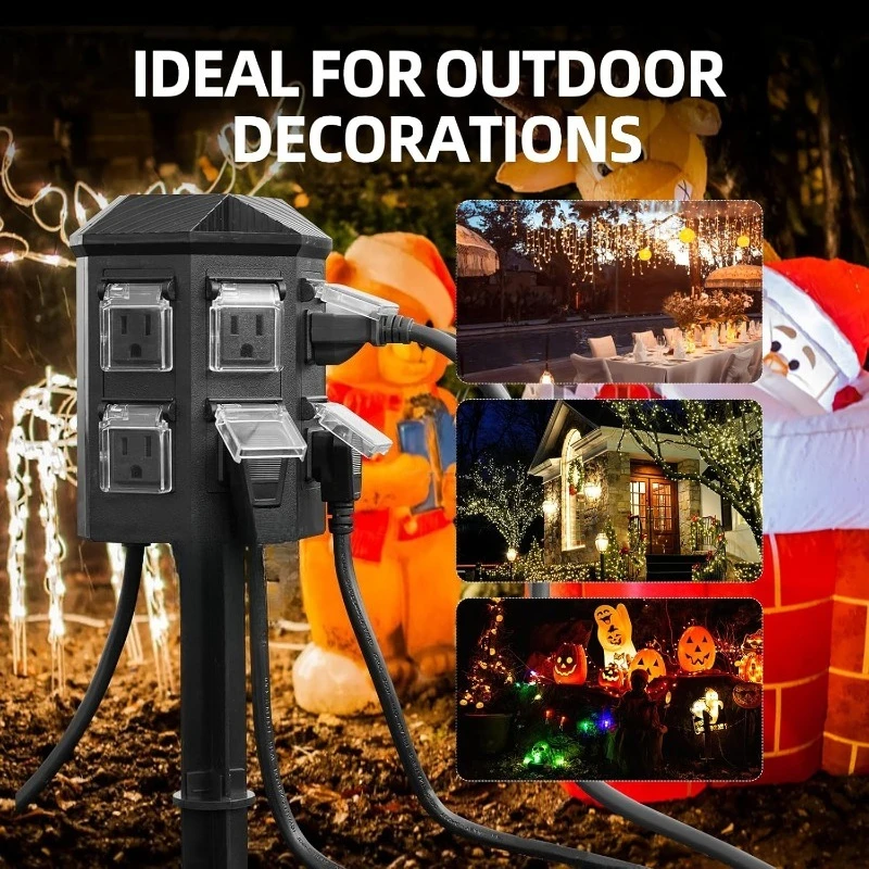 Outdoor Power Strip Weatherproof, 50 FT Extension Cord with Power Stake, 6 Grounded Outlets for Outdoor Lights