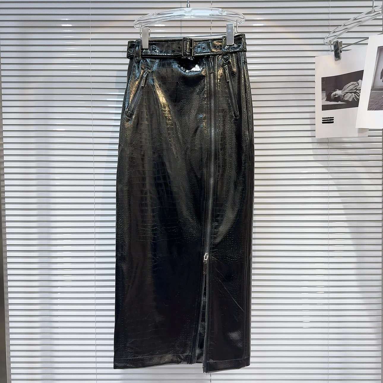 

k Sle Crocodile Texture PU Leather Skirt High Slit One Step Women's Skirts Spring Autumn New Arrival Hot Trend