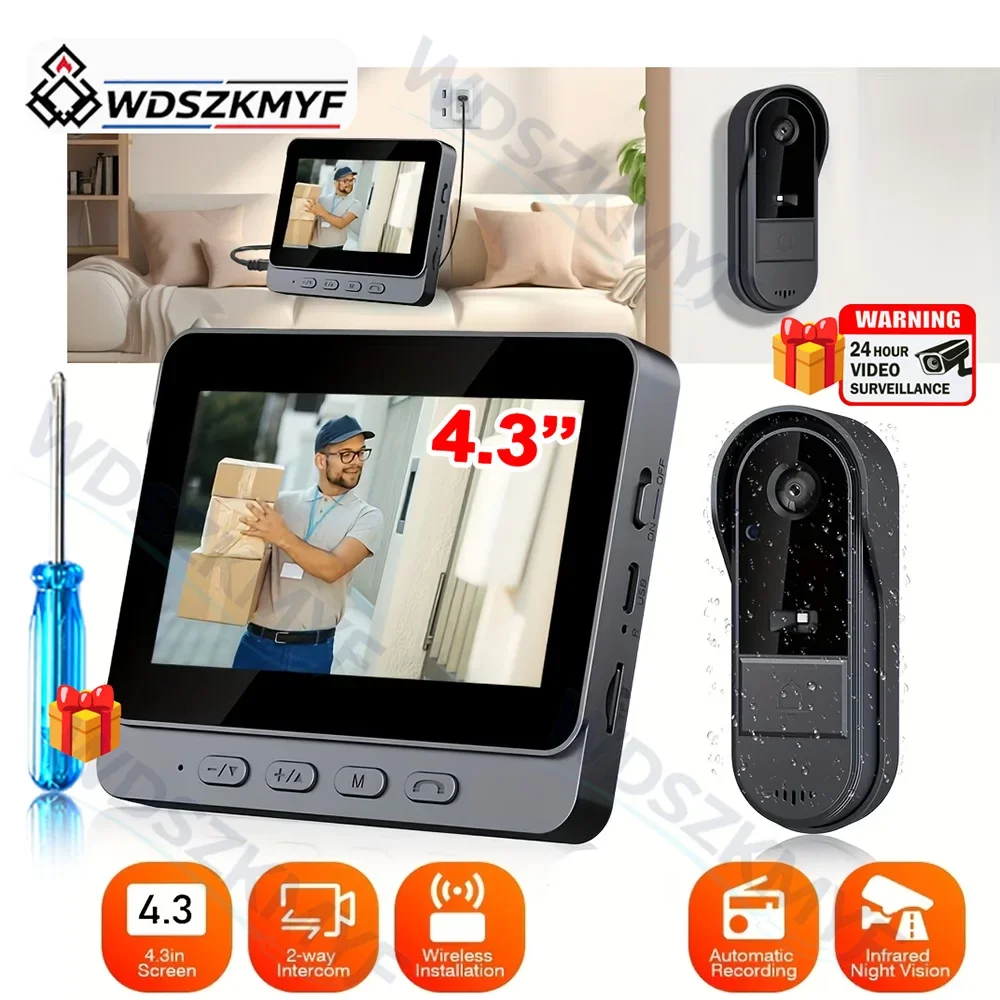 Wireless Intercom Doorbell Waterproof Night Vision HD 4.3in iPS Screen Video Doorbell Camera Smart Home Security Visual Doorbell