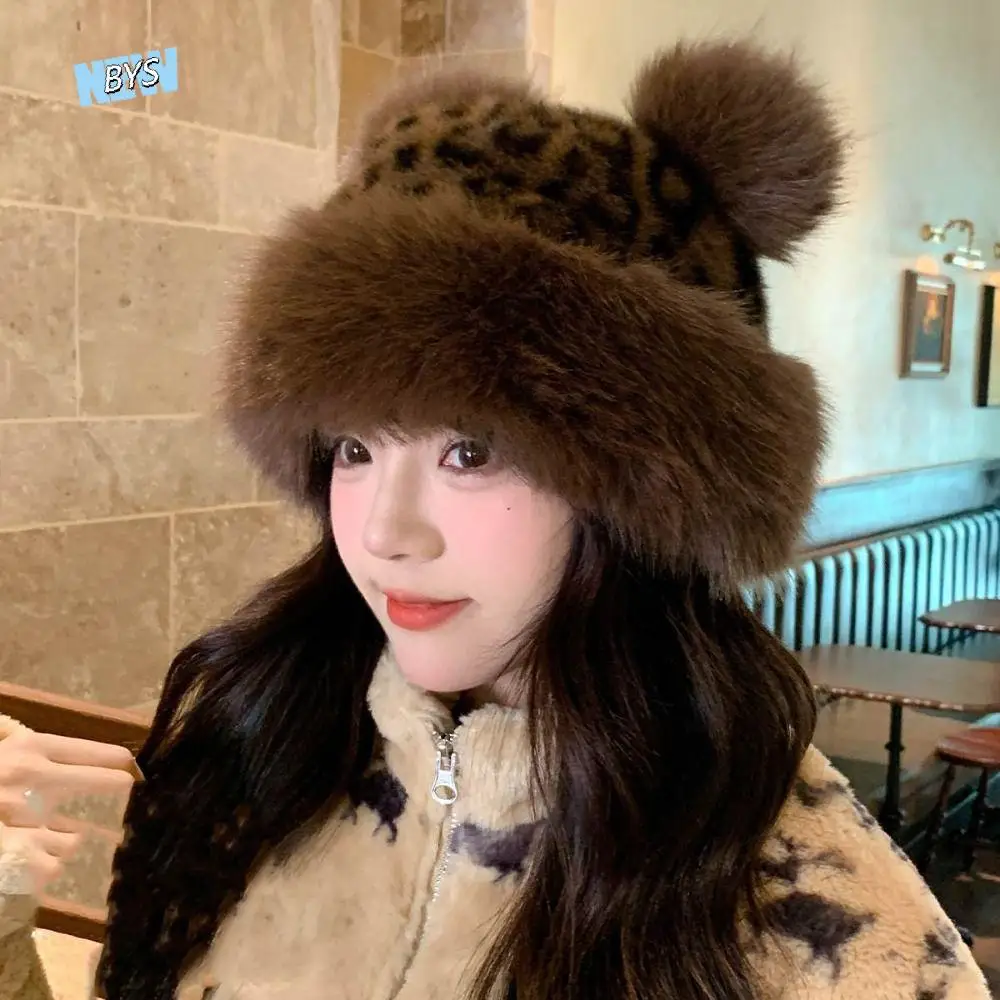 

Warm Cap Bear Ears Plush Hat Brimless Korean Style Leopard Print Bucket Hat Imitation Mink Fur Thicken Plush Mongolian Hat