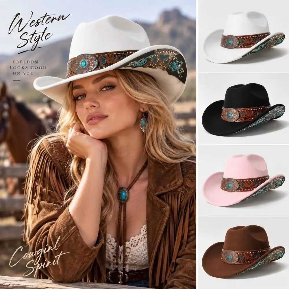 Fashion Dress Up Western Cowboy Hat Turquoise Decor Bohemian Western Cowgirl Hat Print Wide Brim Costume Cosplay Cap Travel
