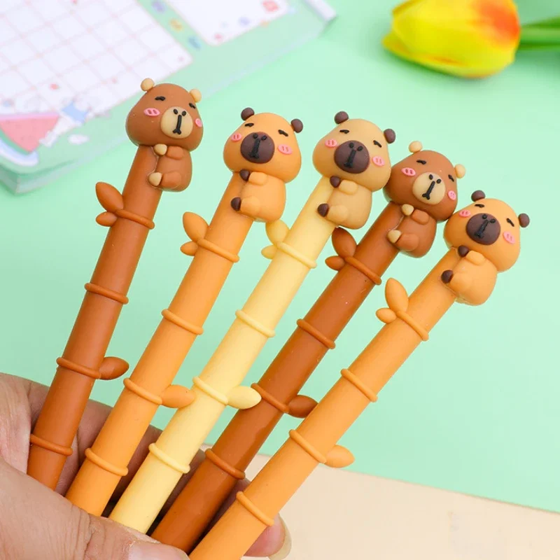 5Pcs/Lot Cute Capybara Bamboo Neutral Pen Student Soft Rubber Black Ink Writing Gel Pens Kawaii Kids Stationery School Office