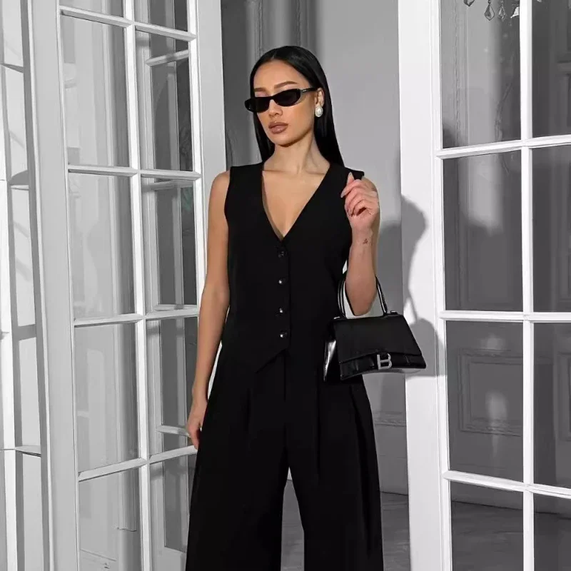 2024 New Sleeveless Vest Pants Office Ladies Suit Summer Chic women\'s v-neck monopetto Vest Suit pantaloni Set a due pezzi