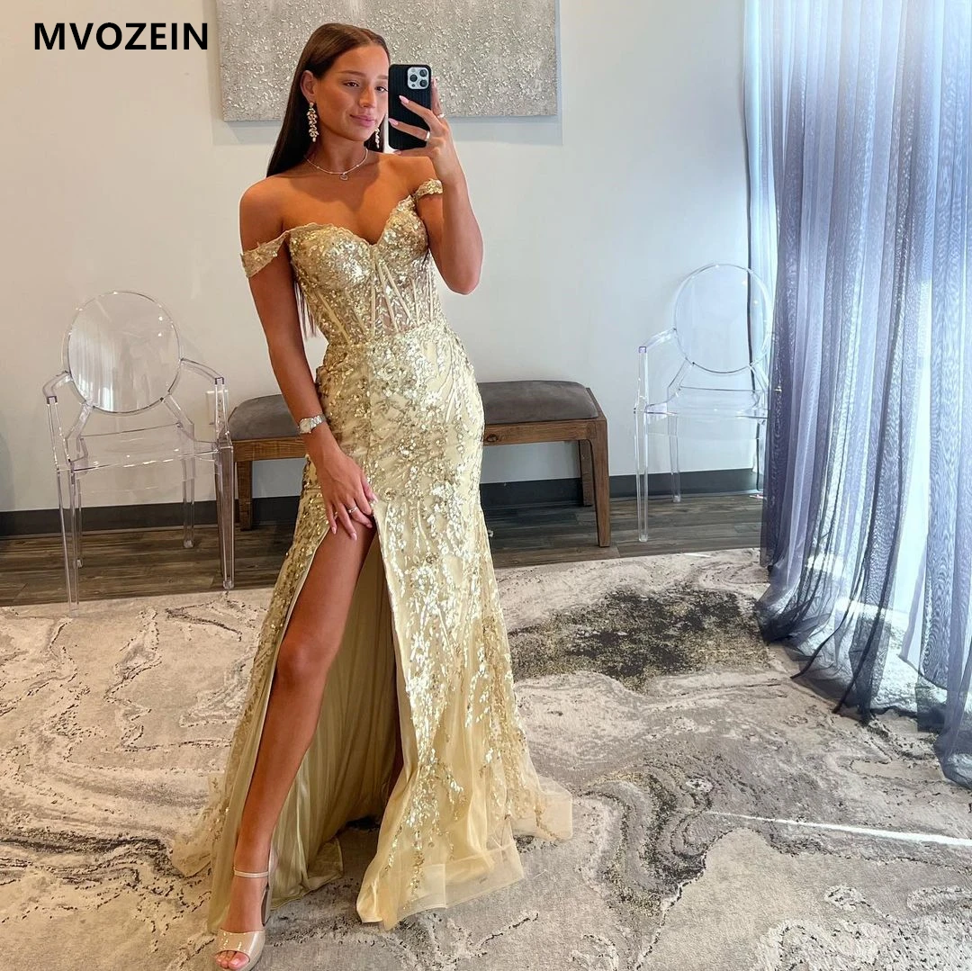 Off the Shoulder Prom Dress Mermaid Sequin Lace Gold Evening Dresses Long Formal Occasion Dresses Sexy Split Party Dresses